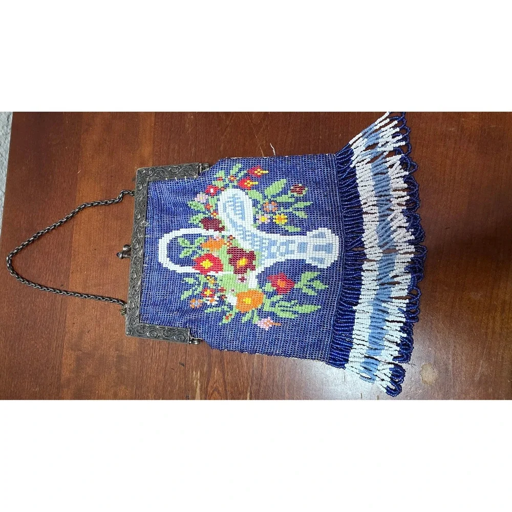 VTG Micro Beaded Floral Basket Evening Bag Blue Women Small Fringe Purse Y2k 80s